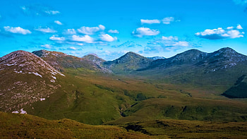 Diamond Hill looking toward the Twelve Bens, Connemara, Ireland, clouds, landscape, sky, hills, trees HD wallpaper