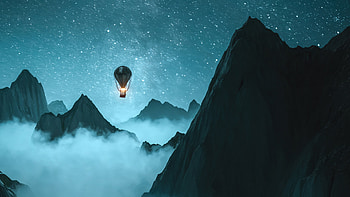 Blue Mist Ascent — Hot Air Balloon Over Foggy Peaks, Digital Painting, Hot Air Balloon, Blue, Mountain, Fog HD wallpaper
