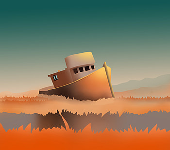 Grass, Art, Ship, Ruin, Ruins HD wallpaper