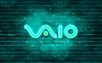 VAIO turquoise logo, , turquoise brickwall, VAIO logo, brands, VAIO neon logo, VAIO, Sony VAIO HD wallpaper
