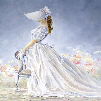 Southern Belle, chair, painting, bonnet, posing, dress, silk HD wallpaper