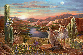 Spring Sunset At Apache Lake, Arizona, painting, coyotes, flowers, mountains, rocks, cactus, canyons HD wallpaper