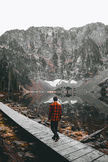 Nature, Mountains, Lake, Miscellanea, Miscellaneous, Bridge, Human, Person HD phone wallpaper