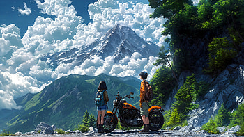 Anime Boy And Girl On Bike Together On The Peaks, anime-boy, girl, mountains, mountain, tree, sky, bike, artist, artwork, art, digital-art, ai, deviantart HD wallpaper