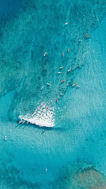 Stunning aerial shot of surfers riding turquoise waves in Hawaii, showcasing the beauty of the ocean and vibrant waters. HD phone wallpaper