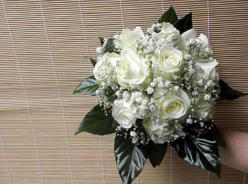 Flowers, Background, Roses, Leaves, Hand, Bouquet, Gypsophilus, Gipsophile HD wallpaper