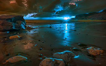 Fluorescent Sunset, fluorescent, reflection, clouds, nature, rocks, sunset, beach HD wallpaper