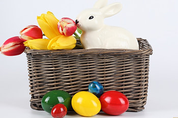 The Easter bunny, bunny, basket, happy easter, tulips, eggs HD wallpaper