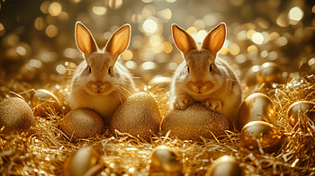 Golden Easter Bunnies and Eggs, bunny, easter bunny, easter egg, golden, Easter HD wallpaper