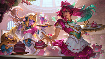 Cafe Cuties Duo Soraka and Sivir, soraka, sivir, pink, fantasy, yellow, cafe cuties, girl, ina wong HD wallpaper