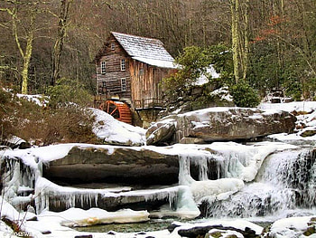 Old Mill House, trees, water, snow, house HD wallpaper