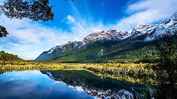 Mirror Lakes, Fiordland National Park, New Zealand, landscape, clouds, trees, sky, water, mountains, reflections HD wallpaper