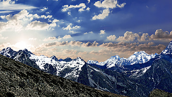 Mountains range, winter, glacier, white glow, nature HD wallpaper