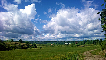 Middle Sweden, blue, beautiful, grass, field, green, clouds, , nature, sky, lovely, forest HD wallpaper