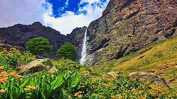 Raysko Praskalo Waterfall Central Balkan National Park, Bulgaria, river, plants, clouds, sky, mountains, rocks, cliff, stones, flowers HD wallpaper