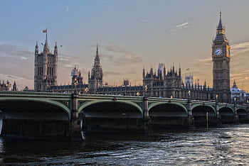 Stunning view of Big Ben and Westminster Bridge at sunset. Iconic London landmark. HD wallpaper