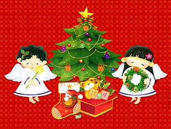 Christmas Angels, presents, angels, christmas tree, wreath HD wallpaper