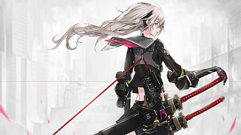 Anime girl, Katana weapon, Sci-fi background HD wallpaper