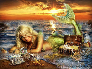 Mermaid's Treasure, mermaid, art, , girl, woman, digital, fantasy, pretty, siren HD wallpaper