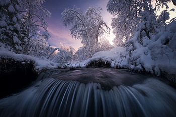 Sunset river, Sunset, Winte, Trees, Cascade, River HD wallpaper