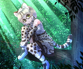Margay, animal, cute, girl, kakutasu, tree, anime, green, glasses, manga HD wallpaper