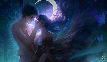 Moon lovers, night, blue, frumusete, man, girl, lovers, dark, lightwing academy, starlab, moon, couple, luna, luminos HD wallpaper