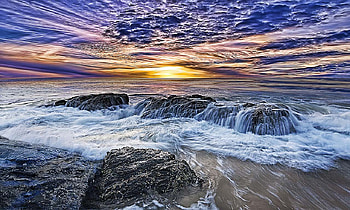 Refreshing, sea, cool, sky, rocks, wave, sunset, beach HD wallpaper