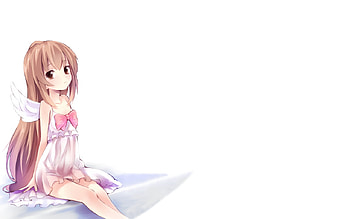 original, pink dress, brown eyes, brown hair, long hair, sit HD wallpaper