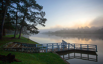 Misty Morning in Vietnam, mist, pier, trees, Vietnam, lake HD wallpaper