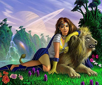 Girl with lion, animal, art, nature, girl, lion HD wallpaper