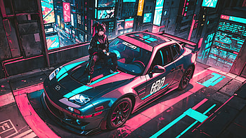 Anime Girl And Her Ride In A Cyberpunk Wonderland, anime, cars, cyberpunk, artwork, digital-art HD wallpaper