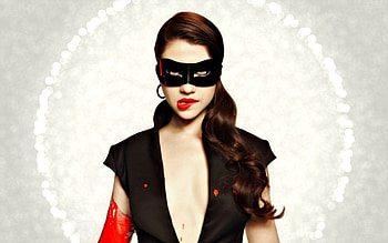 Michelle Trachtenberg, bokeh, by cehenot, black, mask, girl, actress, woman, red HD wallpaper