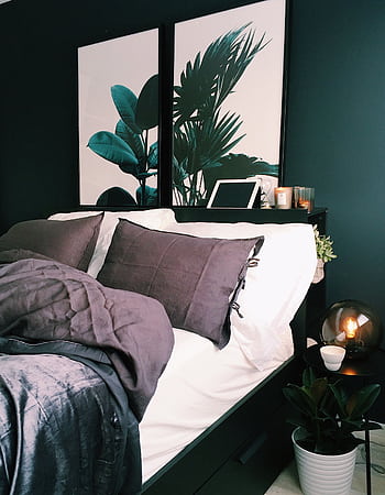 A stylish and cozy bedroom featuring green walls, botanical prints, and soft lighting for a contemporary feel. HD phone wallpaper