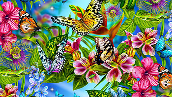 Flowers and Butterflies, colors, insects, art, blossoms, digital HD wallpaper