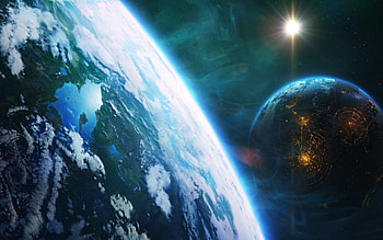 fantasy space art, planet, moon, lights, stars, sun HD wallpaper