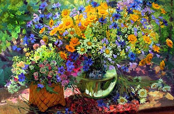 Flowers, artwork, bouquet, painting, blossoms, colors, vase HD wallpaper