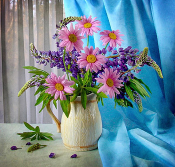 still life, blue, bouquet, gentle, graphy, kettle, beautiful, elegant, pink, flower, cool, flowers, , harmony HD wallpaper
