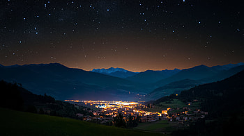 Serene Starry Night Over Mountain Town —, serene landscape, night, town, starry sky, mountain HD wallpaper