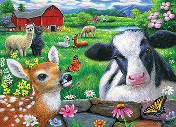 Friends in the Field, cow, barn, painting, butterfly, fawn, flowers, lamas HD wallpaper