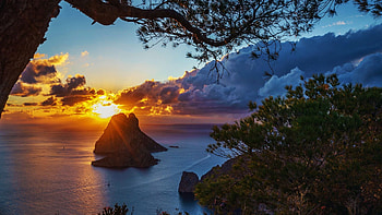 Es Vedra, Ibiza, Mediterranean Sea, coast, sunset, island, colors, trees, sky, rocks HD wallpaper