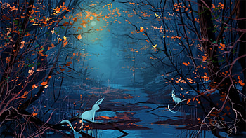 fantasy forest tree animals night moon art HD wallpaper