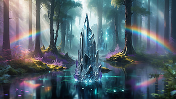 Crystal forest tower, crystal, fantasy, rainbow HD wallpaper