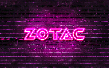 Zotac purple logo, , purple brickwall, Zotac logo, brands, Zotac neon logo, Zotac HD wallpaper