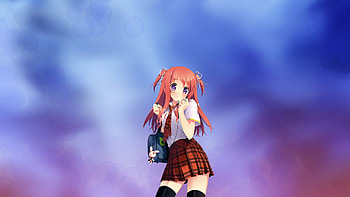 Schoolgirl, blue, uniform, cute, , effect, background, , school, sexy, skirt, white, girl, orange, anime, red, hair HD wallpaper