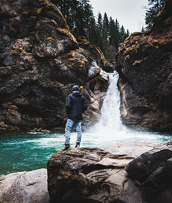 Nature, Rivers, Rocks, Miscellanea, Miscellaneous, Waterfall, Human, Person HD phone wallpaper