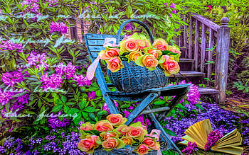 Thinking of You, chair, book, stairs, blossoms, colors HD wallpaper