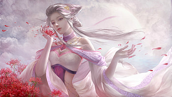 Spider lily, white, frumusete, asian, dacongjun, girl, hand, pink, fantasy, flower, red, luminos, da congjun HD wallpaper