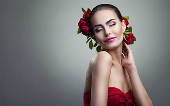 Pretty Face, model, flowers, woman, red HD wallpaper