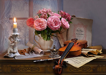 Still life, Flowers, Violin, Note, Candlestick HD wallpaper