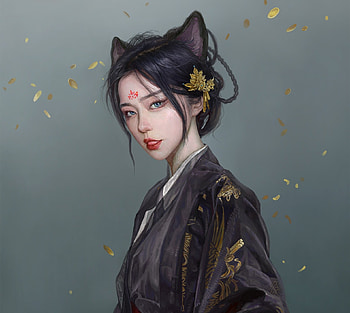 Cat girl, cat, kimono, black, frumusete, art, asian, gorgeous, superb, fantasy, face, zhuyi stan, ears HD wallpaper